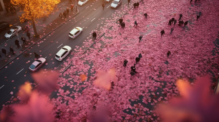 Pink foliage on a city street. Fantastic reality with pink flowers of nature in the cityの素材