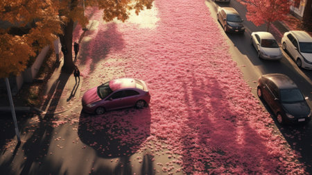 Pink foliage on a city street. Fantastic reality with pink flowers of nature in the cityの素材