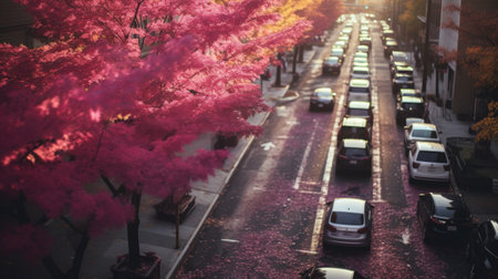 Pink foliage on a city street. Fantastic reality with pink flowers of nature in the cityの素材