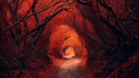 Path in the autumn red forest. Tunnel of tree branches on a sunny summer dayの素材