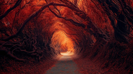 Path in the autumn red forest. Tunnel of tree branches on a sunny summer dayの素材