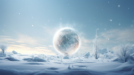 Crystal Christmas sphere in the snow. Festive place for advertising, banner, presentation, photo, etc.の素材