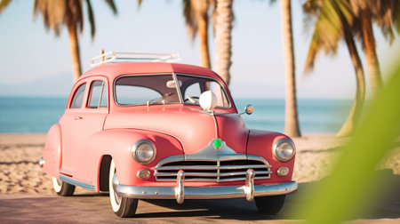 Bright colored car stands on the ocean shore. Vacation by the sea on a bright sunny dayの素材