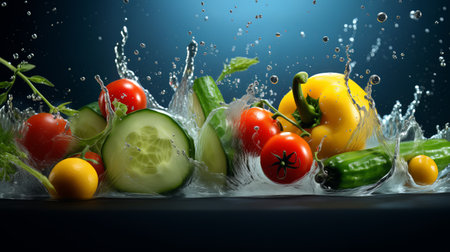 Vegetables and greens after falling with splashes of water. Splashes of water drops and fresh quality food ingredientsの素材