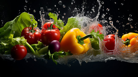 Vegetables and greens after falling with splashes of water. Splashes of water drops and fresh quality food ingredientsの素材