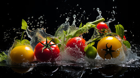 Vegetables and greens after falling with splashes of water. Splashes of water drops and fresh quality food ingredientsの素材