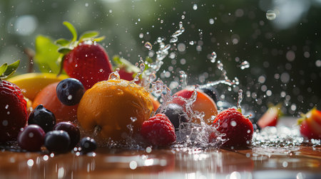 Citrus fruits and berries after falling with splashes of water. Splashes of water drops and fresh quality food ingredientsの素材