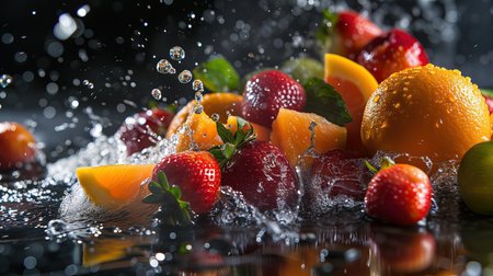 Citrus fruits and berries after falling with splashes of water. Splashes of water drops and fresh quality food ingredientsの素材
