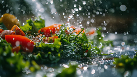 Salad ingredients after falling with splashes of water. Splashes of water drops and fresh quality food ingredientsの素材