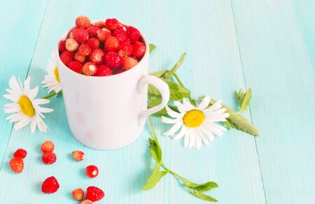 Ripe strawberries with plant leaves on blue wooden background, strawberries in white old mug, healthy food concept. close up. copy spaceの写真素材