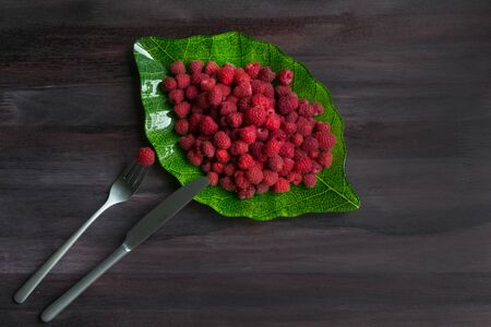 Ripe raspberry in a plate in the form of a green leaf on a black wooden background with a fork and a knife. Fresh berries. Concept Useful vitamin fruit diet. Fresh natural Breakfast. Vegan. copyspaceの写真素材