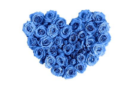 Valentine's day heart made of delicate roses in a classic blue color on a white background.Holiday card, banner for sale in the store.Spring wreath of flowers-a gift to your loved ones.March 8の写真素材