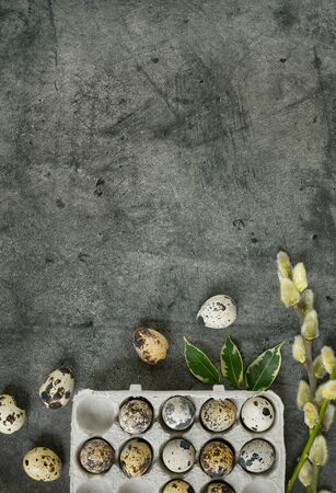 Happy Easter quail eggs in a box on a dark stone background with green leaves and willow branches.Banner, Billboard or greeting card.Easter sale in the store.minimalism.Zero Waste.copyspaceの写真素材