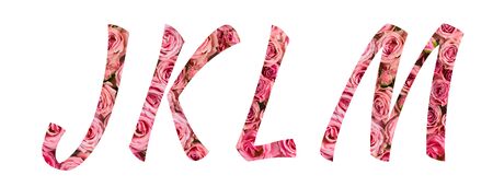The letters J K L M of the English alphabet is cut out of pink roses on a white isolated background.Floral pattern, texture.Bright alphabet for stores,sales, websites, postcards and holiday greetings.の写真素材