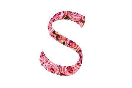 The letter S of the English alphabet is cut out of pink roses on a white isolated background.Floral pattern, texture.Bright alphabet for stores, sales, websites, postcards and holiday greetings.の写真素材