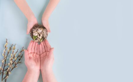 Happy Easter.Small Easter eggs in a nest in the hands of the daughter and her mother on a blue background.banner,store sales,discounts.Zero Waste.Minimalism.Spring.greeting card.Mock up.Copy spaceの写真素材