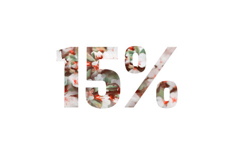 Valentine's or spring sales. 15 percent discount on promotion on white banner.Advertising with Numbers on paper, cut out of delicate flowers for your holiday posters, banners offers percentage discountsの写真素材