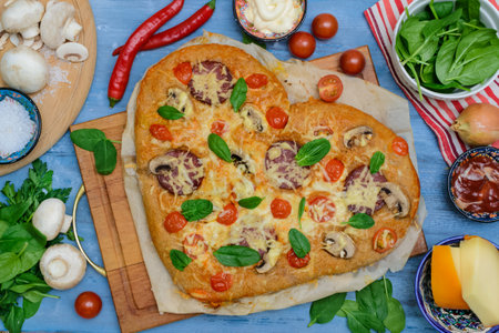 Homemade Delicious pizza heart for Valentine's Day made of yeast-free dough with vegetables, tomatoes, herbs and cheese, prepared at home for festive dinner. Step by step recipe. Instructions. DIY. Step 14の写真素材