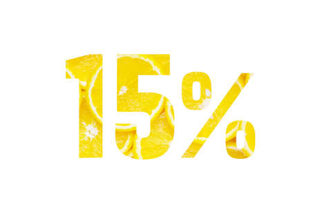 Summer or spring sales. 15 percent discount on promotion on white banner.Advertising with Numbers on paper, cut out of bright orange slices for your holiday posters, banners offers percentage discounts.の写真素材