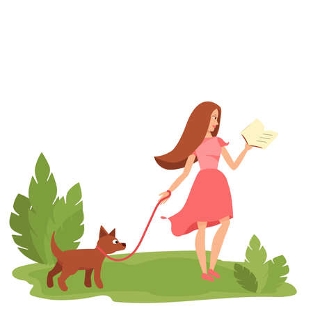 A pretty woman walks in central Park with her dog and reads a book. Dog walking and recreation in nature and in the city. Relaxation and wellness. Exit from quarantine. Vector illustrationのイラスト素材