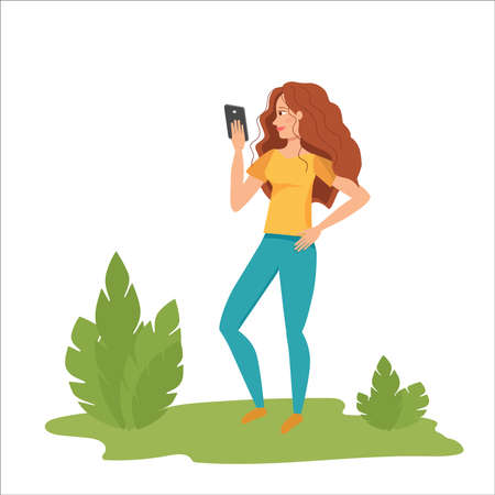 Woman communication with smartphone in summer park. Female using phone on nature. Beautiful young girl outdoors chatting online over the internet or taking selfies. Vector. Cartoonのイラスト素材