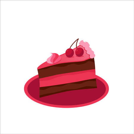 Delicious sweet piece of cake on a plate on a white background. Cherry cream pie.No diet day. Unhealthy food. Diets and proper nutrition. Greeting card or banner for website. vector illustrationのイラスト素材