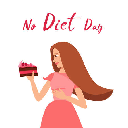 No diet day. Young beautiful girl holds delicious piece of cake in her hand and wants to eat it. Cherry cream pie. Unhealthy food. Diets and proper nutrition. Greeting card. vector illustrationのイラスト素材