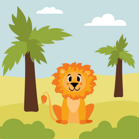Cute little lion in the wild savanna. Hand-drawn cartoon vector illustration for childrens books, postcards, posters or T-shirts.のイラスト素材