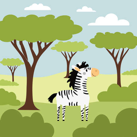 Cute little zebra in the wild savanna. Hand-drawn cartoon vector illustration for childrens books, postcards, posters or T-shirts.のイラスト素材