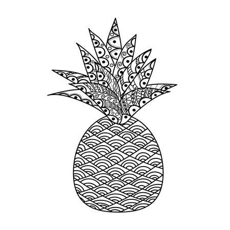 Vector coloring book for meditation and relax.Fruits.Black and white image on a white background of isolated elements.Delicious pineappleのイラスト素材