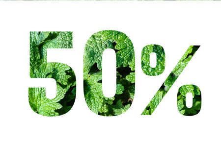 50 percent discount on promotion on white banner. Summer or spring sales. Advertising with Numbers...