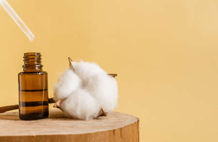 Glass cosmetic bottle or essential oil with Vitamin and prebiotic serums. Cosmetics in jar for care of hair and skin of face, body on beige background next to natural ingredients. copyspaceの写真素材