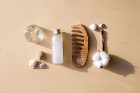 Skin, face, body, and hair care products. Eco-friendly natural cosmetics on beige background. beauty...