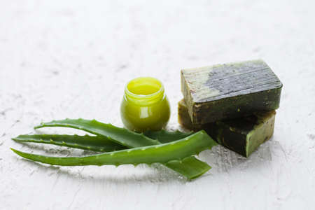 Eco-friendly cosmetic products for skin care of the face, body. Natural creams, soap, oils and other cosmetic products with minerals, aloe, vitamins and prebiotics for health on white background.の写真素材