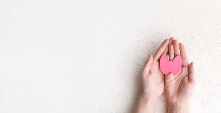 World Thyroid Day. Womens hands hold a paper form of the thyroid gland on a white background....