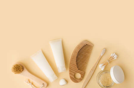 Eco-friendly cosmetic products for skin care of the face, body. Natural creams, oils and other cosmetic products with minerals, aloe, vitamins and prebiotics for healthの写真素材