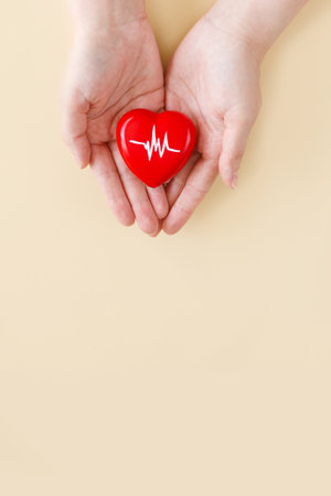World Hypertension Day. Adult holds a red heart with a heartbeat chart with his hands - a symbol of high blood pressure. Hypertension Day in May 17th. World heart day, world health day. verticallyの写真素材