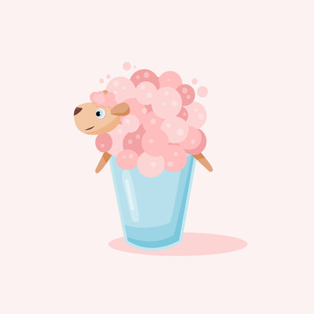 Cute milkshake with foam in the form of a funny pink sheep. Vector illustration in cartoon style. Picture for stickers, postcards, notebooks, textiles, wallpapers, screensaversのイラスト素材