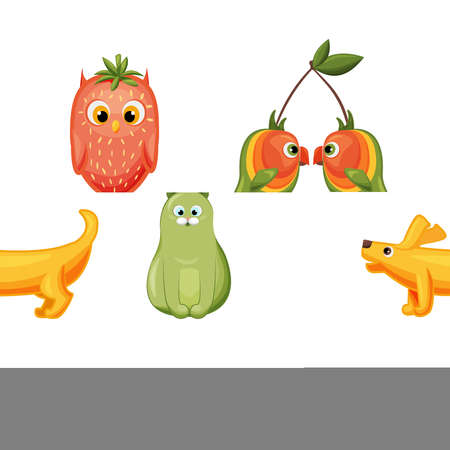 Funny animals in the form of fruits in the cartoon style. Cat, owl, dog and birds in the form of different tropical fruits. Vector illustration for stickers, textiles, notepad, greeting cardのイラスト素材