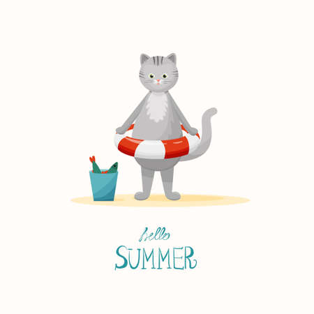 Cute funny cat in an inflatable lifebuoy on the beach. Hand-drawn gray cat vector illustration. Suitable for postcards, banners, t-shirt, kids apparel, invitation design. With inscription Hello Summerのイラスト素材