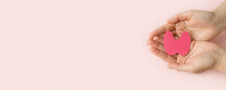World Thyroid Day. Womens hands hold paper form of the thyroid gland on pink background. Problems with thyroid. Polycystic disease. World cancer dayの写真素材