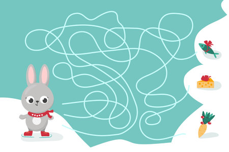 Childrens maze. Rabbit is skating on ice. Help bunny to get to delicious Christmas carrot. Colorful vector illustrations for children books in simple cartoon style. Labyrinth and game.のイラスト素材
