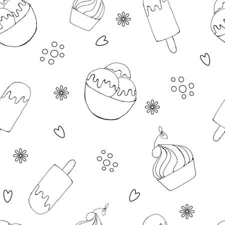 pattern of icecream on white background. Vector illustration by hand draw. Summer greeting card, banner, picture for notebook, background.のイラスト素材
