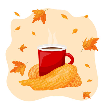 Hello Fall. Autumn. Red cup and leaves. Autumn postcards, backgrounds, textiles on packaging and notebooks. concept autumn advertising.のイラスト素材