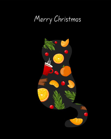 Painted Christmas cat with christmas citrus, sweet, berries on black background. vector design template. Greeting card, gift wrapping, notebook coverのイラスト素材