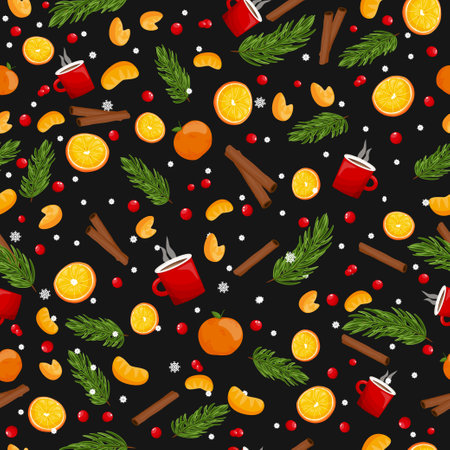 Christmas and Happy New Year seamless pattern with christmas citrus, sweet, berries on black background. vector design template. Greeting card, gift wrapping, notebook coverのイラスト素材