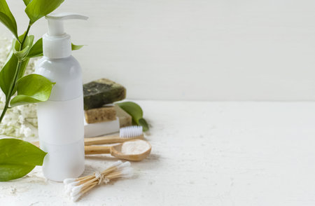 Eco cosmetic products for skin care of face and body. White tubes with natural creams, soap, minerals, vitamins, prebiotics for healthy. copy spaceの写真素材
