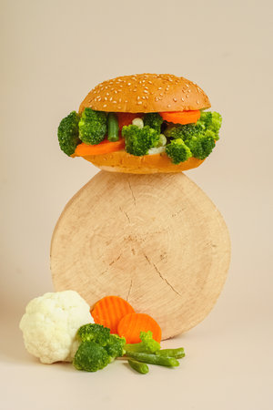 Vegan burger with vegetables, broccoli, carrots, peas. Concept: Vegan bread. Healthy nutrition. Copy spaceの写真素材
