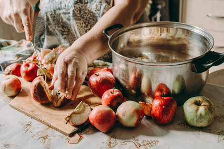 Old woman cuts apples for jam. Red ripe apples on the table next to the jam pot. An elderly woman makes jam in her cottage on a farm. Conservation and harvesting. Homemade delicious foodの写真素材