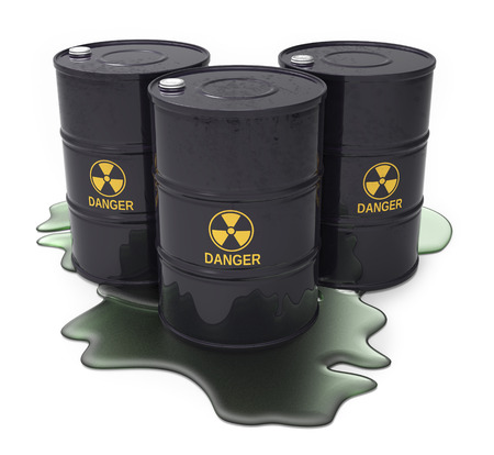 Chemical waste in black barrels isolated white backgroundの写真素材